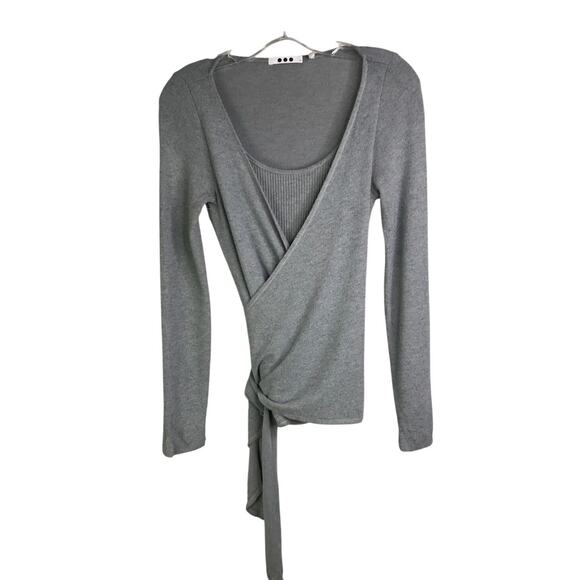 Three Dots Sweater Womens Size XS Gray Wrap Front‎ Tie Long Sleeve Scoopneck - Picture 2 of 8